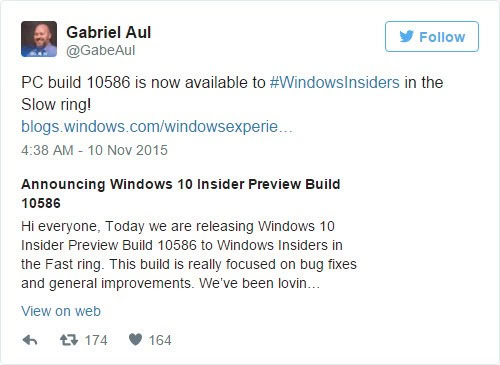 Windows 10 Build 10586已推送给Slow Ring用户