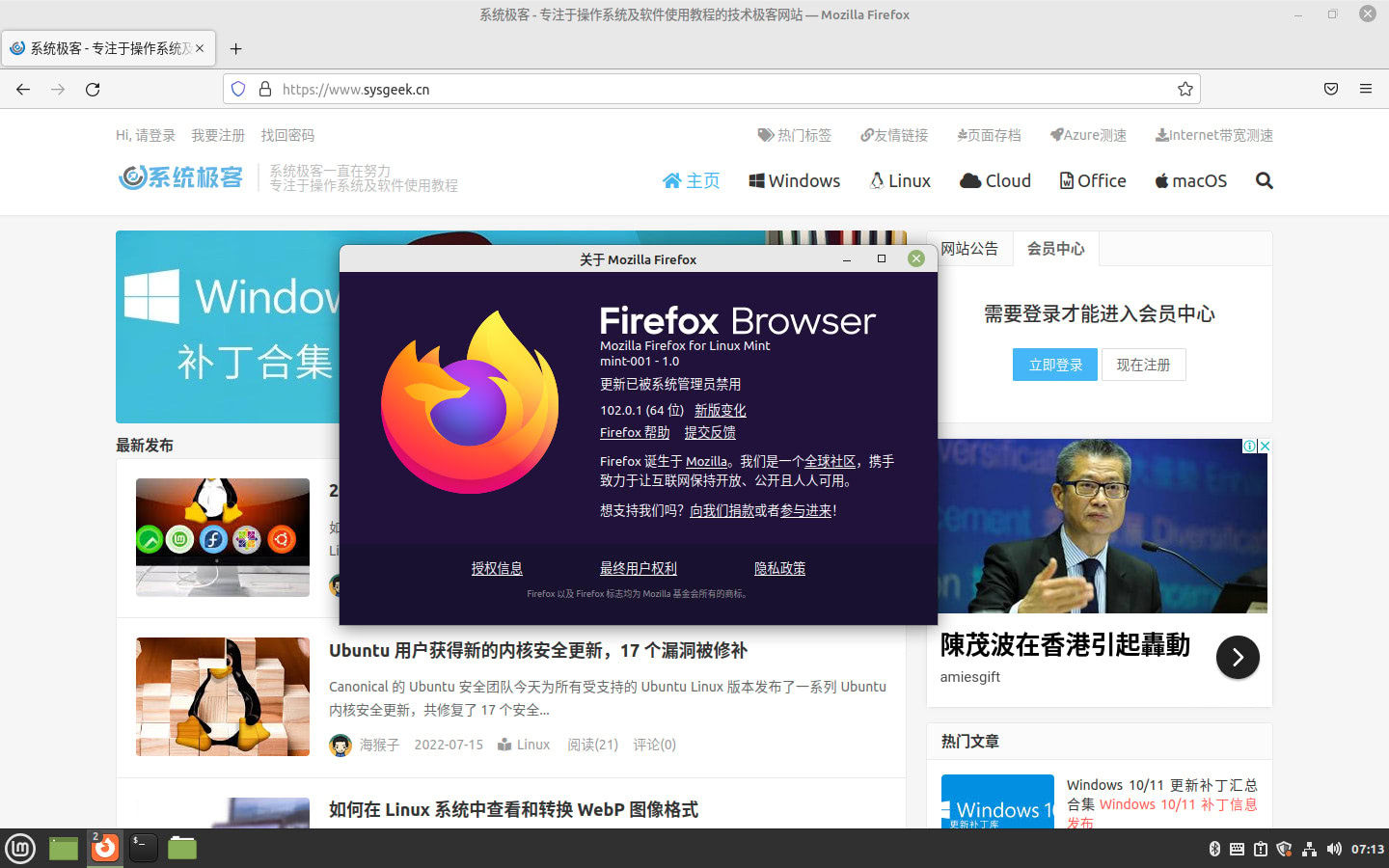 Linux Mint 21 中的 Firefox 102