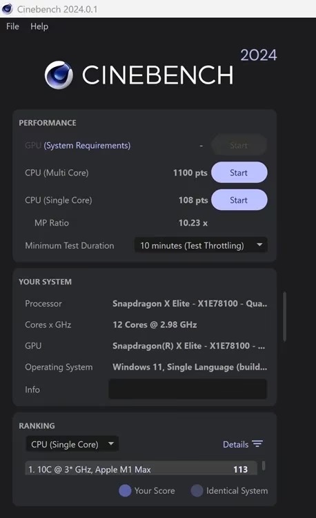 Snapdragon X Elite：Cinebench 2024 测试