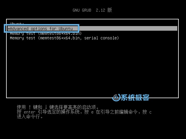 选择 Advanced options for Ubuntu