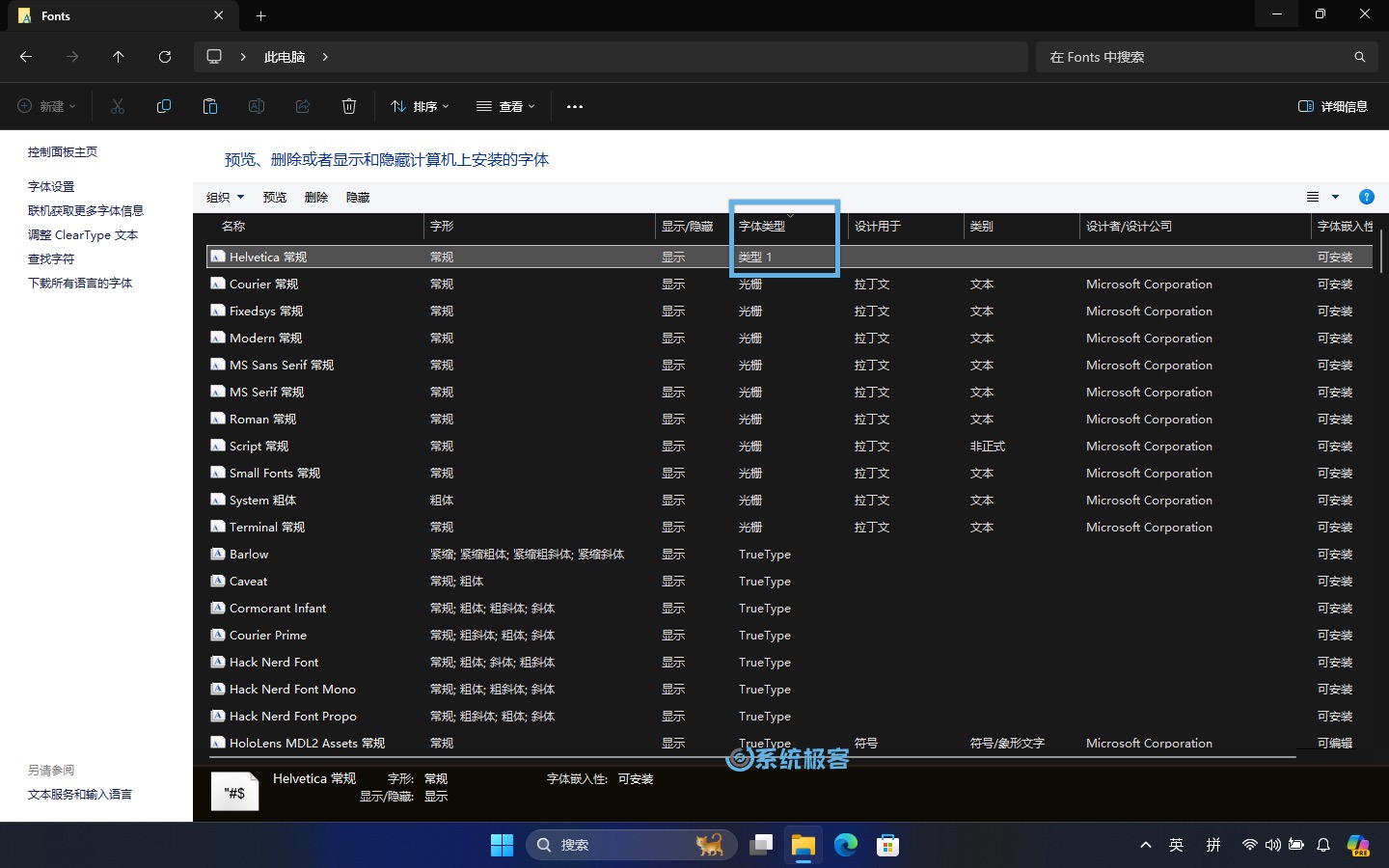 在 Windows 11 中手动删除 Type 1 字体