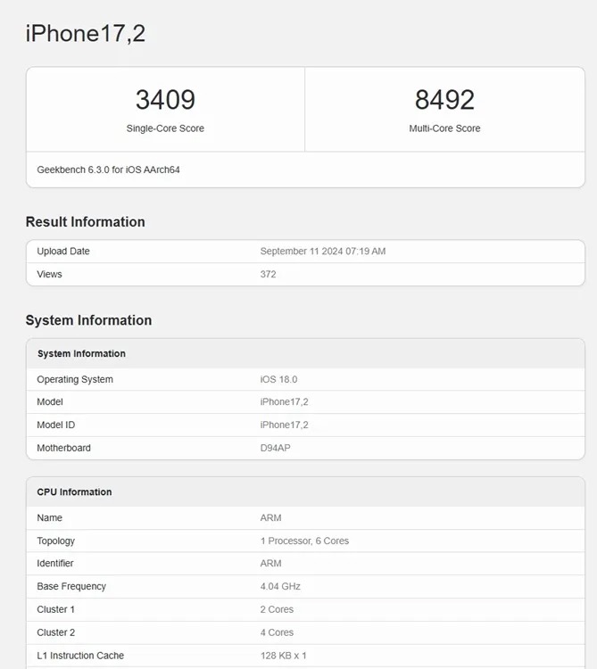 A18 Pro：Geekbench CPU 跑分