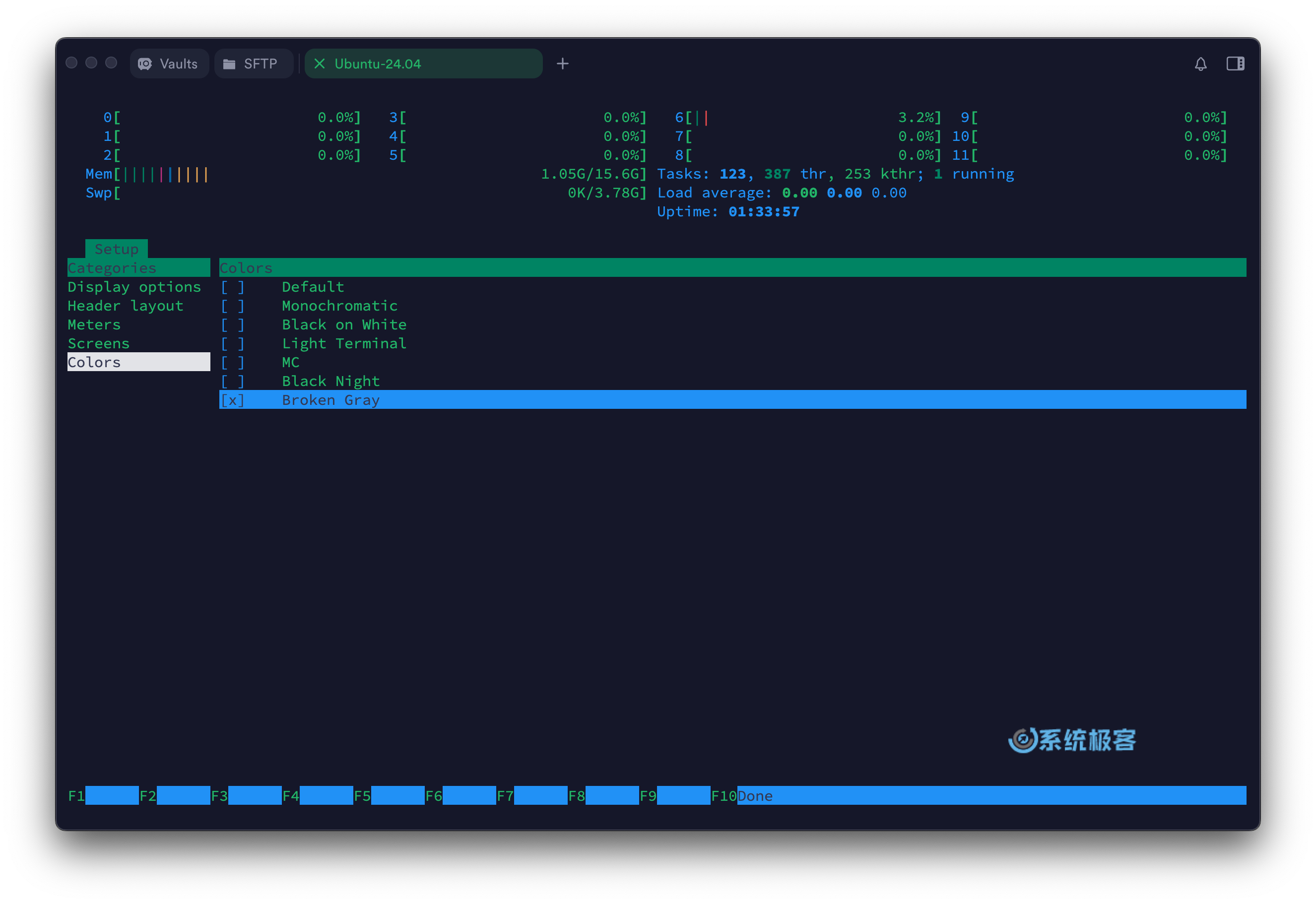 htop 命令：选择颜色主题