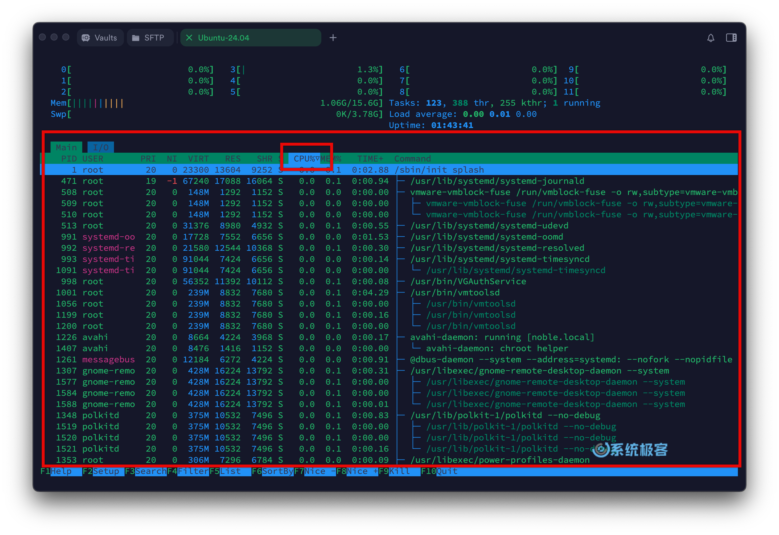 htop 命令：主进程界面