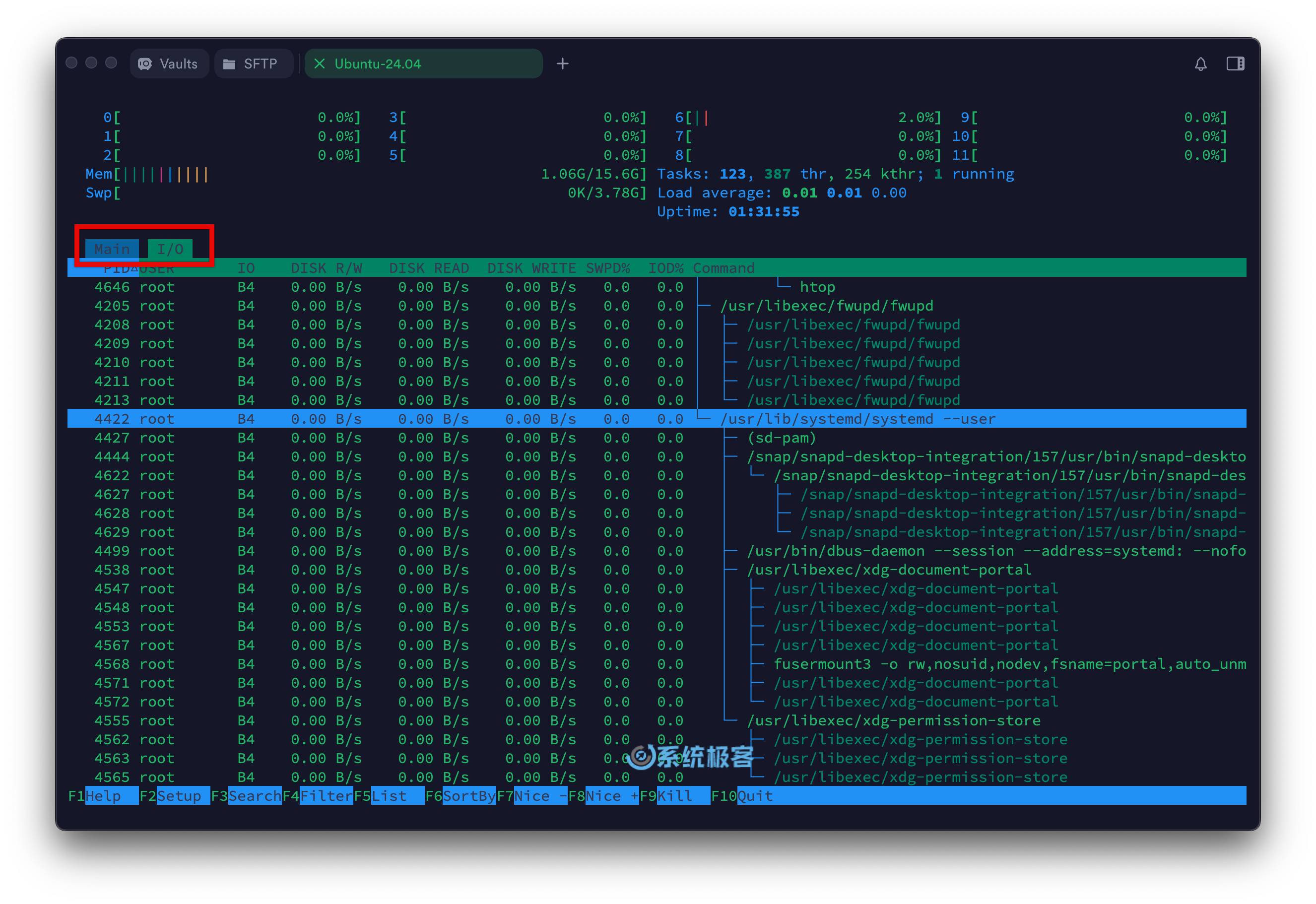 htop 命令：I/O 界面