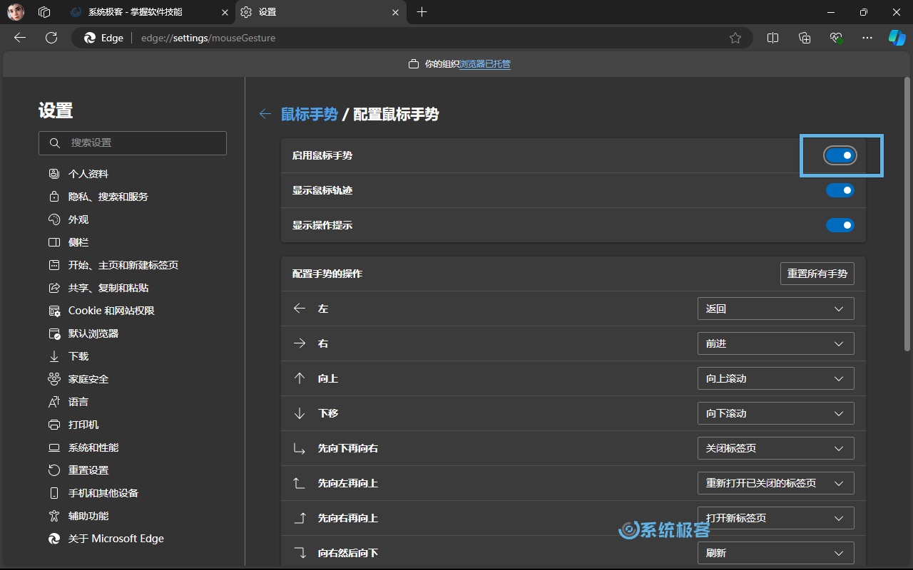 启用并配置 Microsoft Edge 鼠标手势