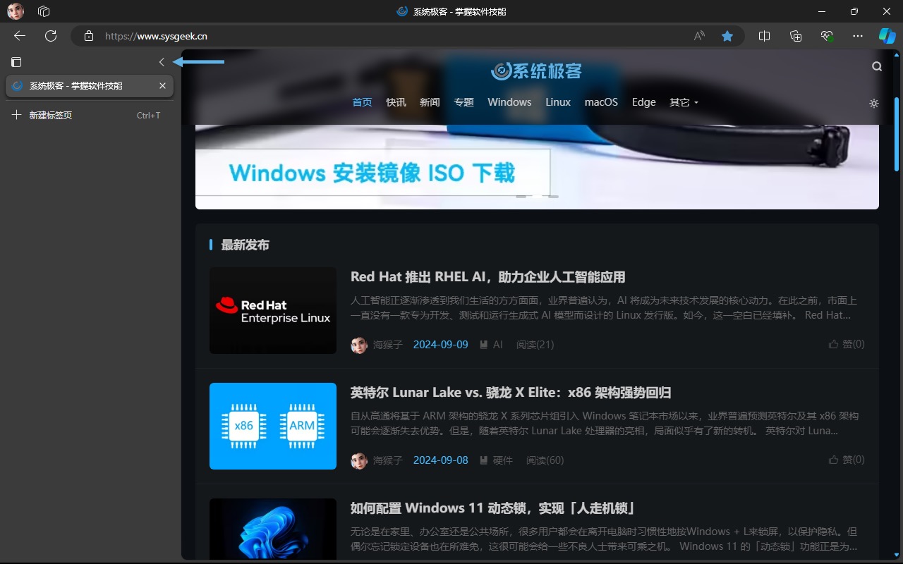 折叠 Microsoft Edge 垂直标签页