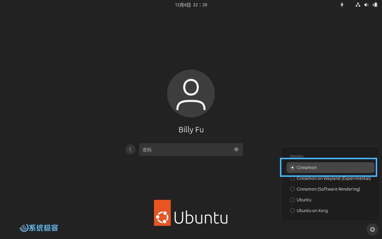 登录时选择 Cinnamon 桌面