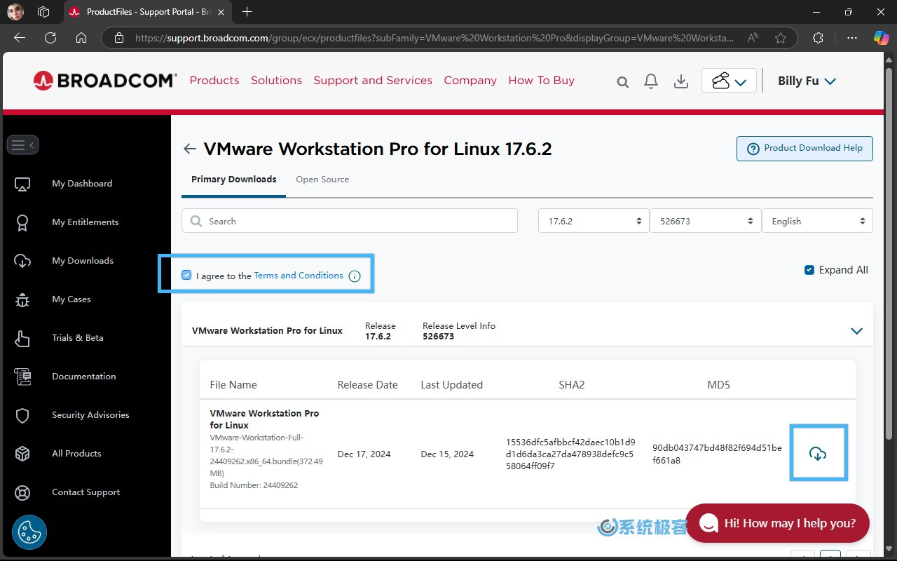 同意协议并下载 VMware Workstation Pro for Linux