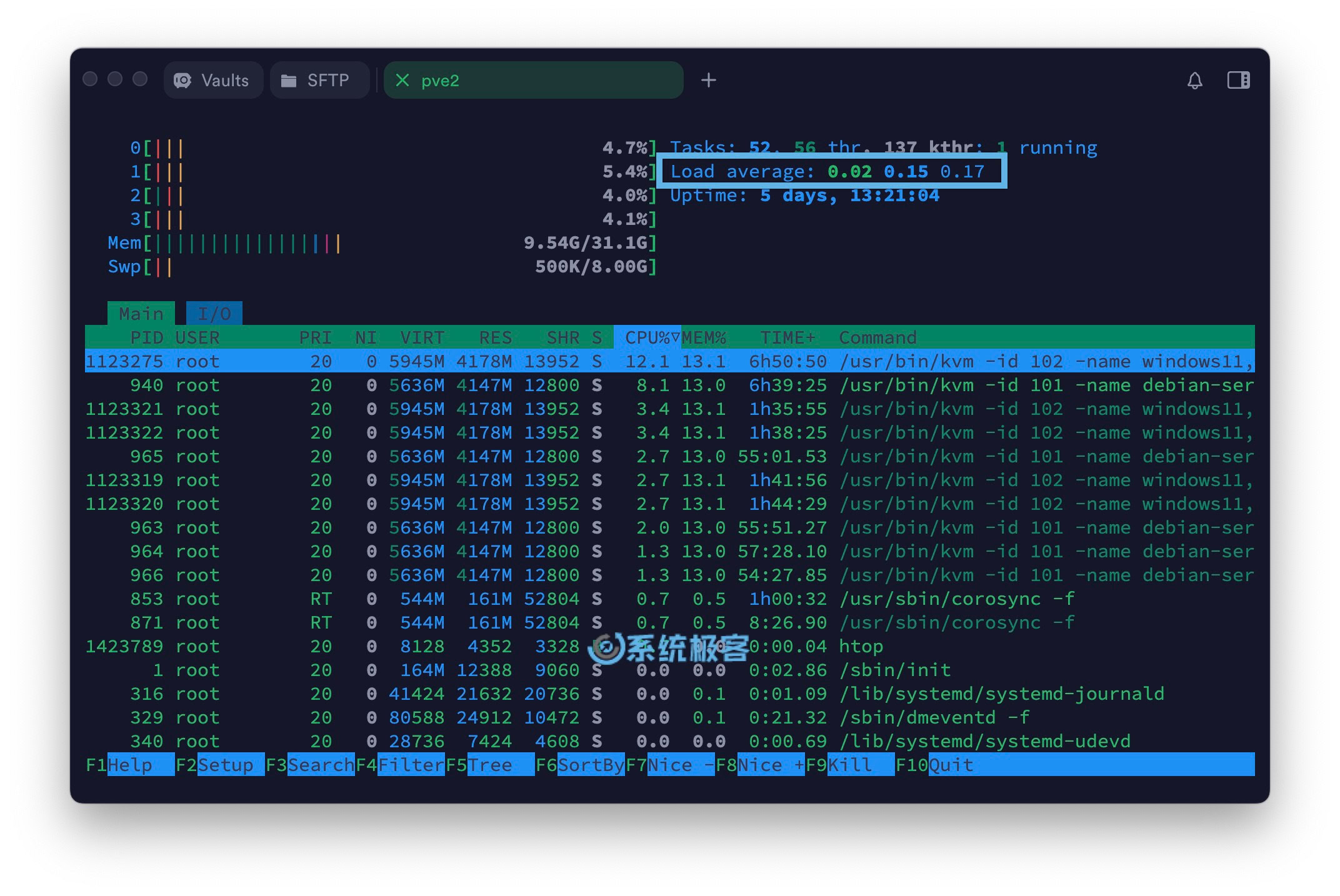 使用 htop 命令查看 CPU 负载