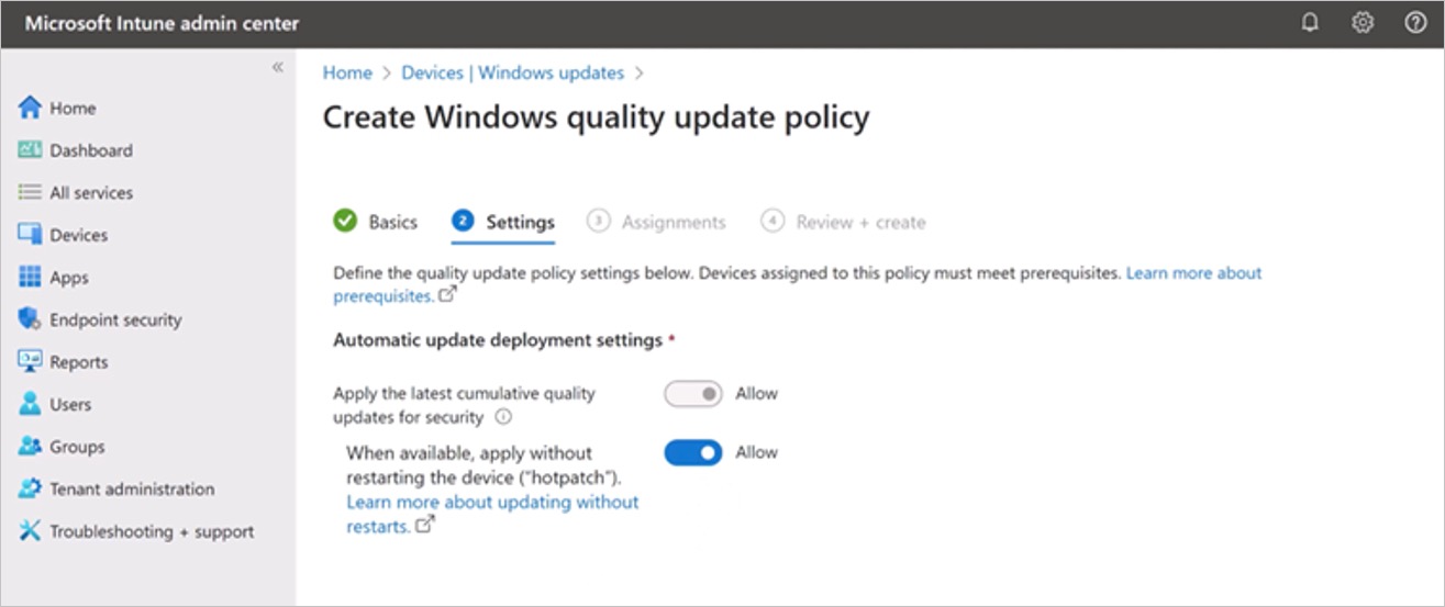 在 Intune 管理中心创建 Windows 质量更新策略,来启用 Hotpatch 更新。