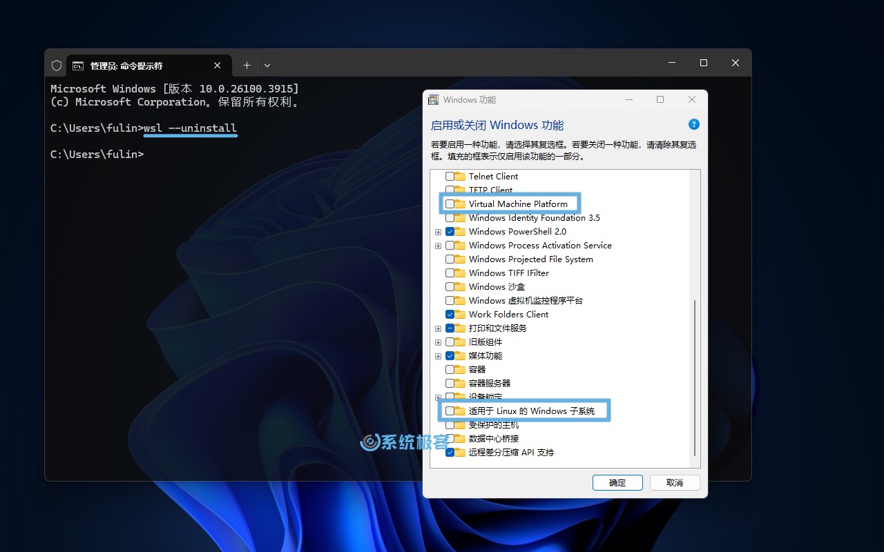 卸载 WSL 核心组件,并关闭虚拟机平台和 WSL 功能