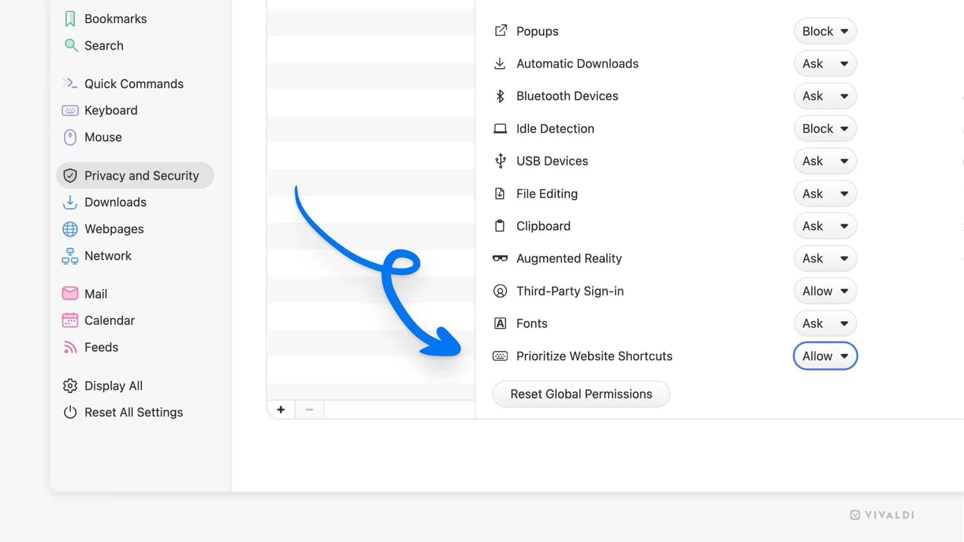 Vivaldi 7.4 浏览器优先级快捷键