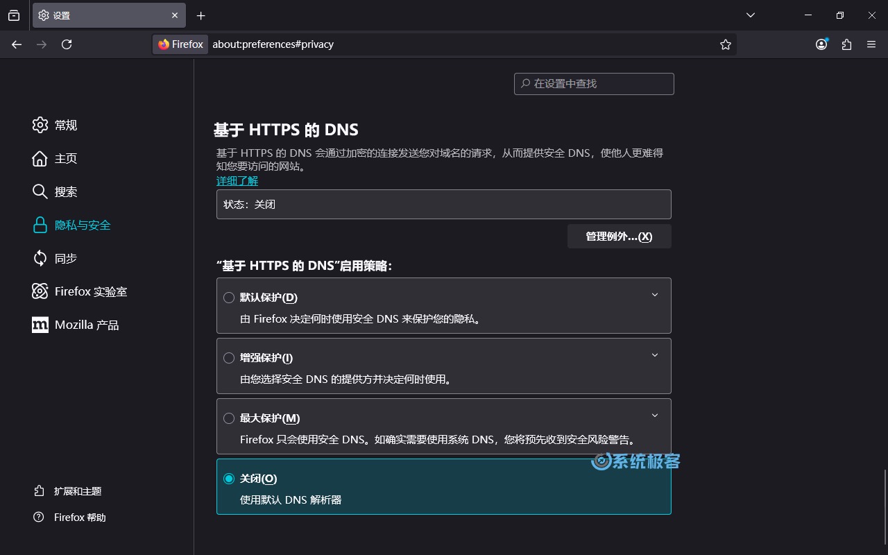 选择基于 HTTPS 的 DNS 启用策略