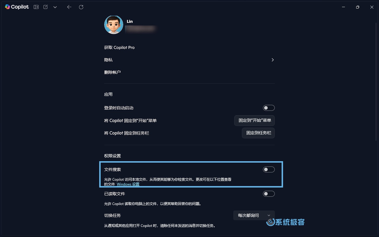 打开或关闭 Copilot 文件搜索