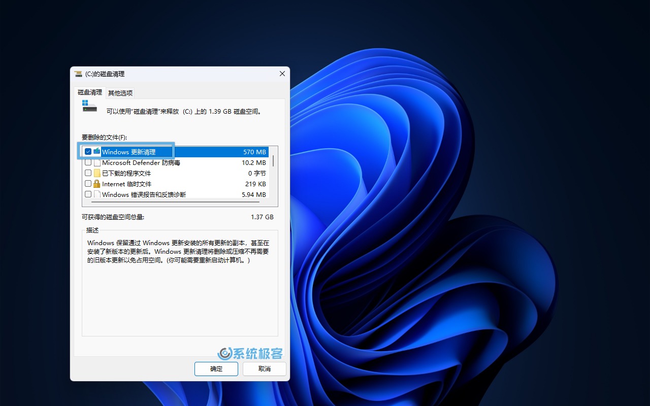勾选 Windows 更新清理,清理 WinSxS 组件存储
