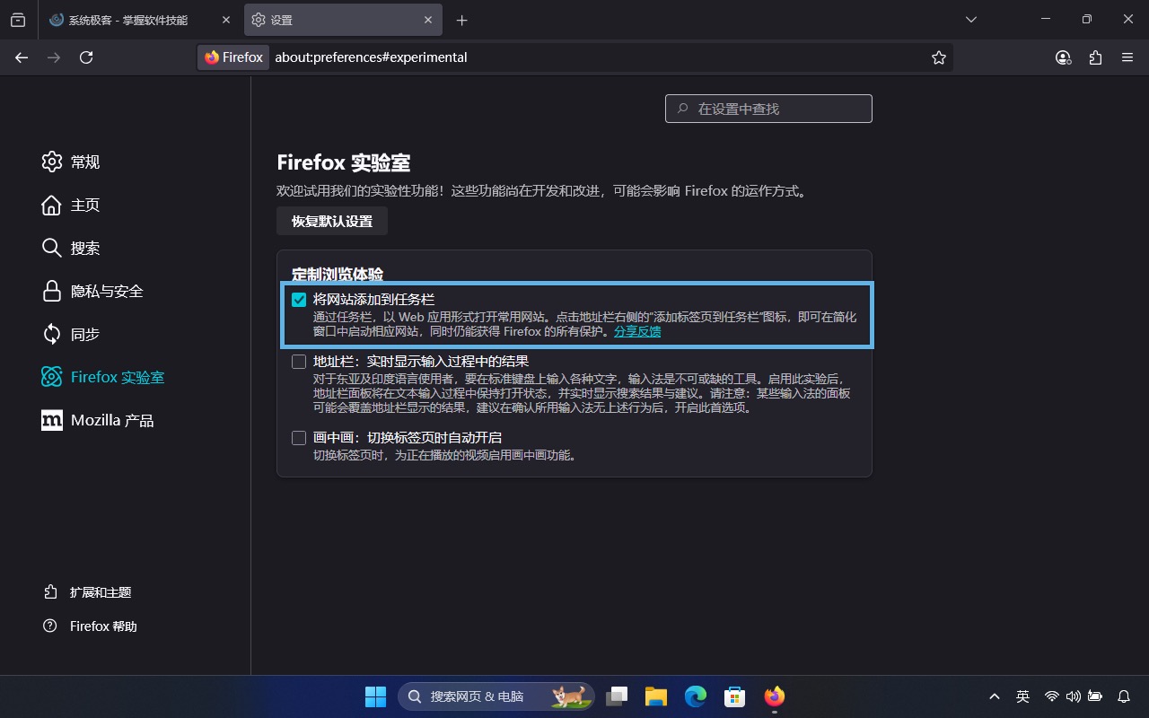勾选「将网站添加到任务栏」