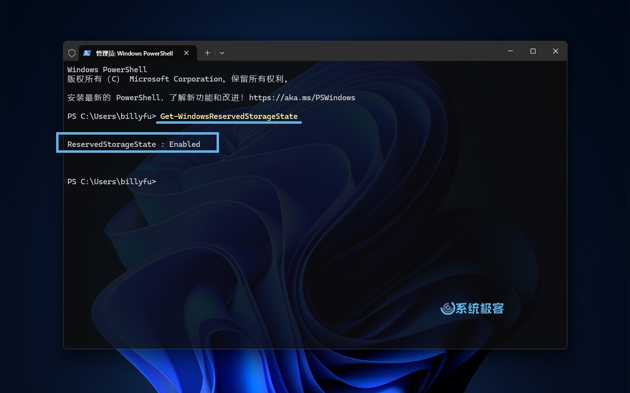 使用 PowerShell 查看「保留的存储」启用状态