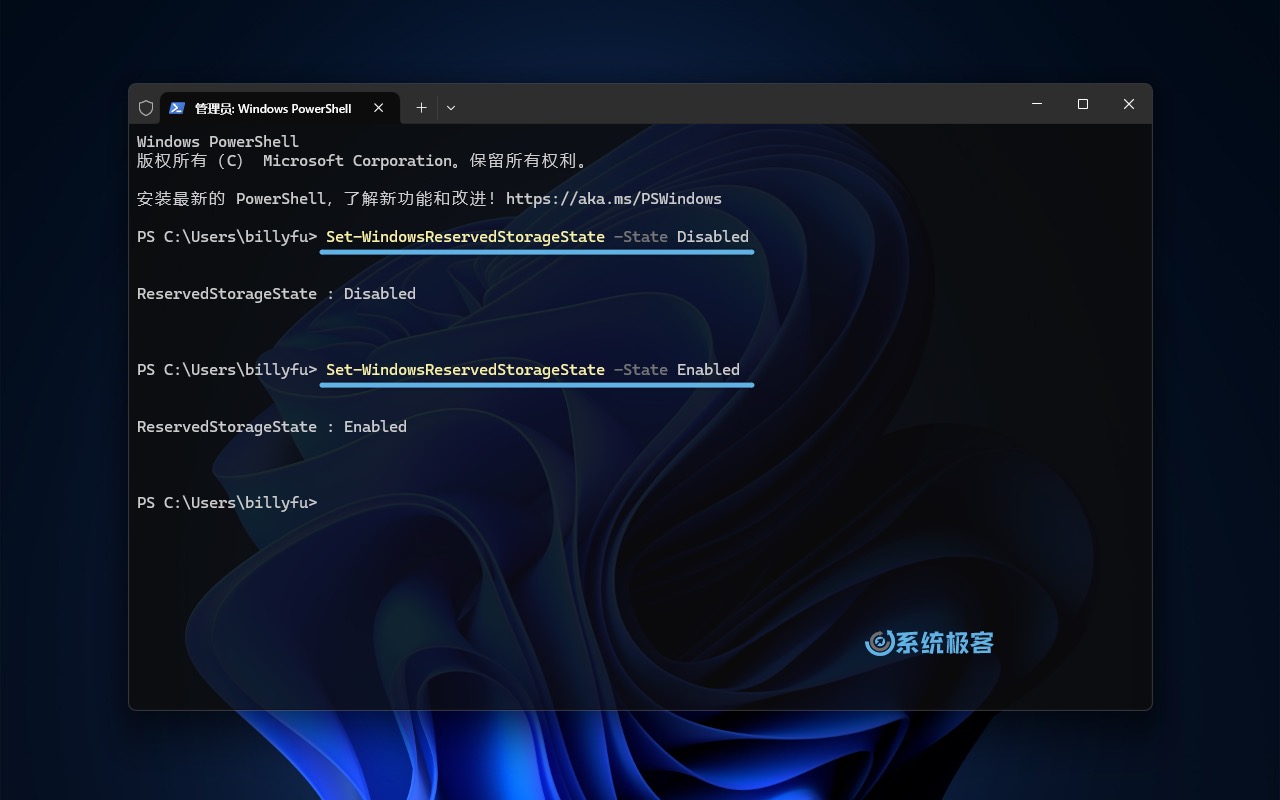 使用 PowerShell 打开和关闭「保留的存储」