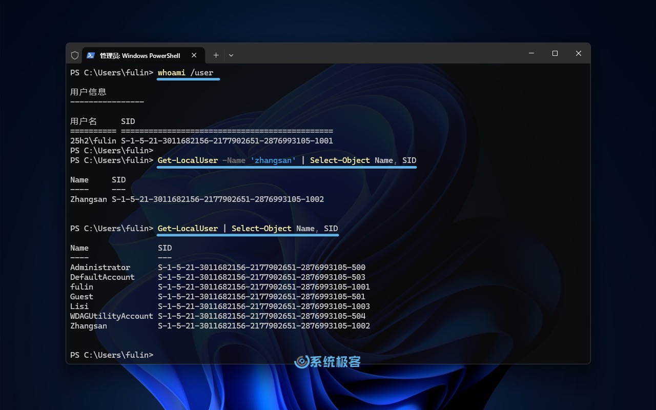 使用 whoami 命令或 PowerShell 查看用户 SID
