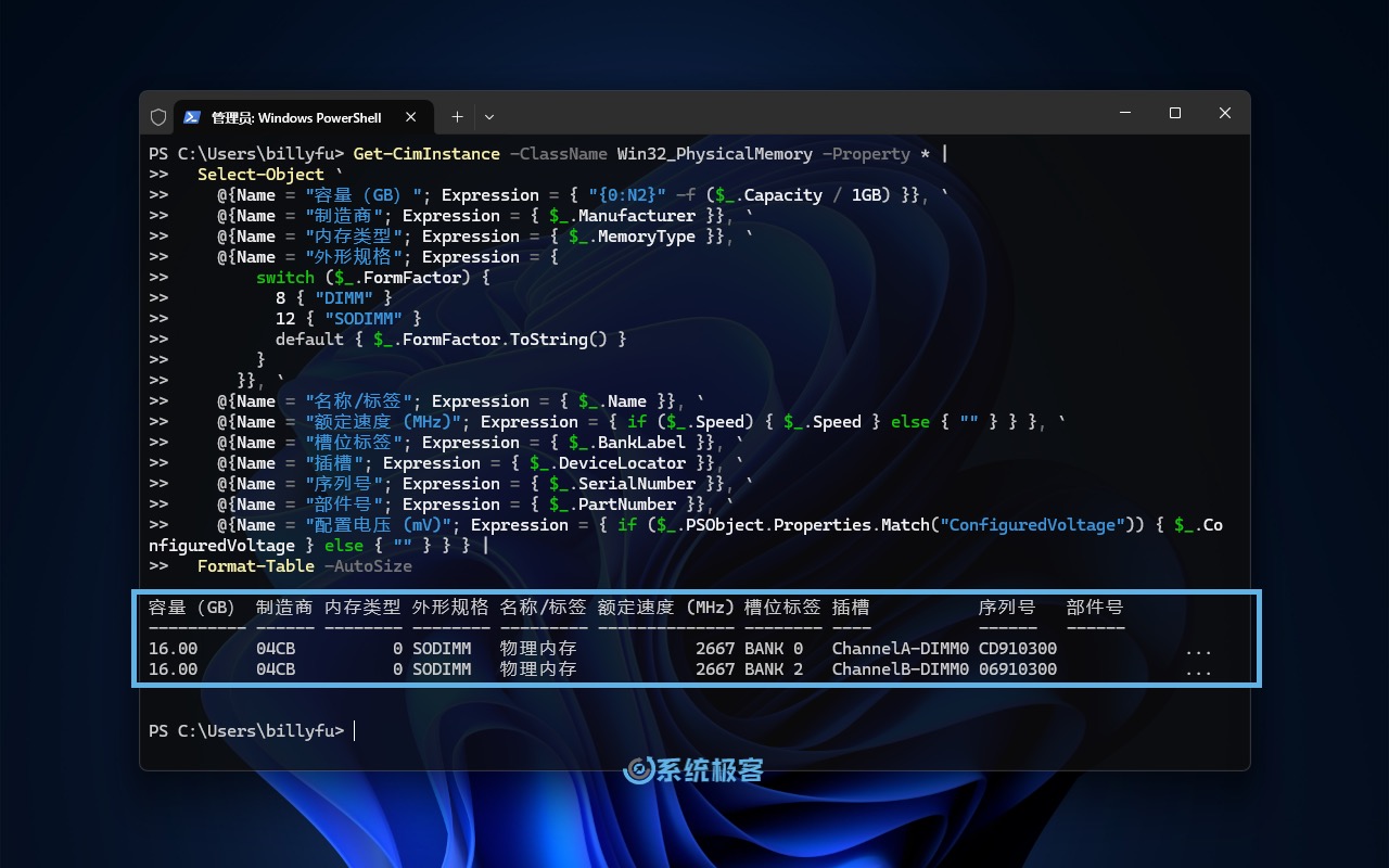 使用 PowerShell 查看内存信息
