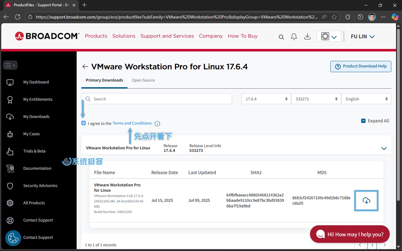 同意协议并下载 VMware Workstation Pro for Linux