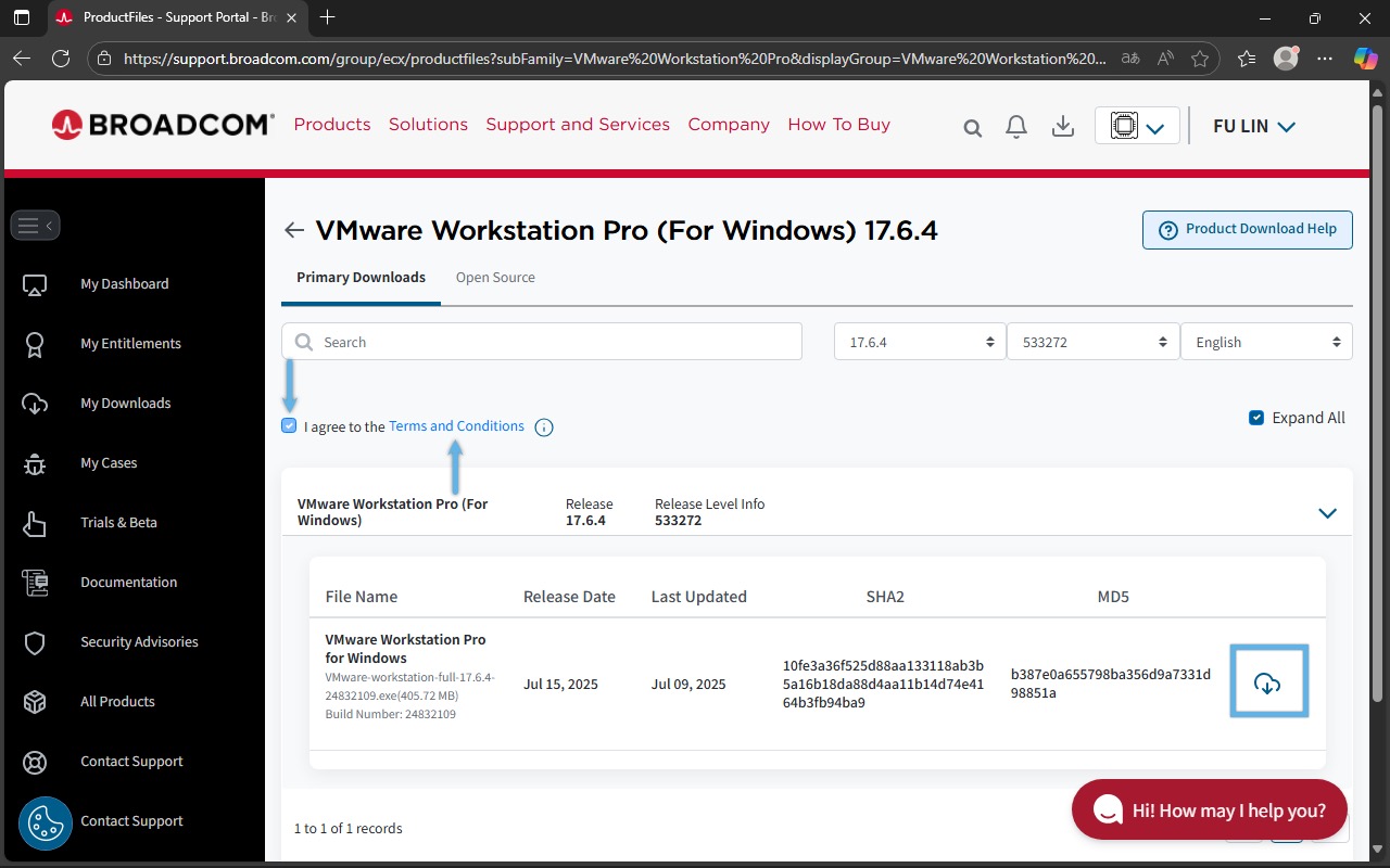 同意协议并下载 VMware Workstation Pro for Windows