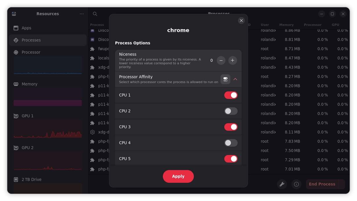 在 Resources 中更改 CPU affinity