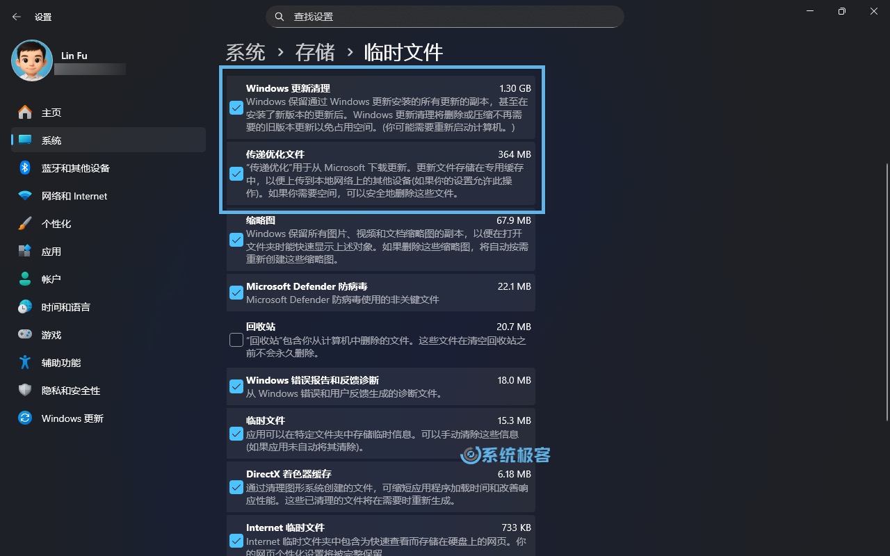 勾选「Windows 更新清理」和「传递优化文件」选项