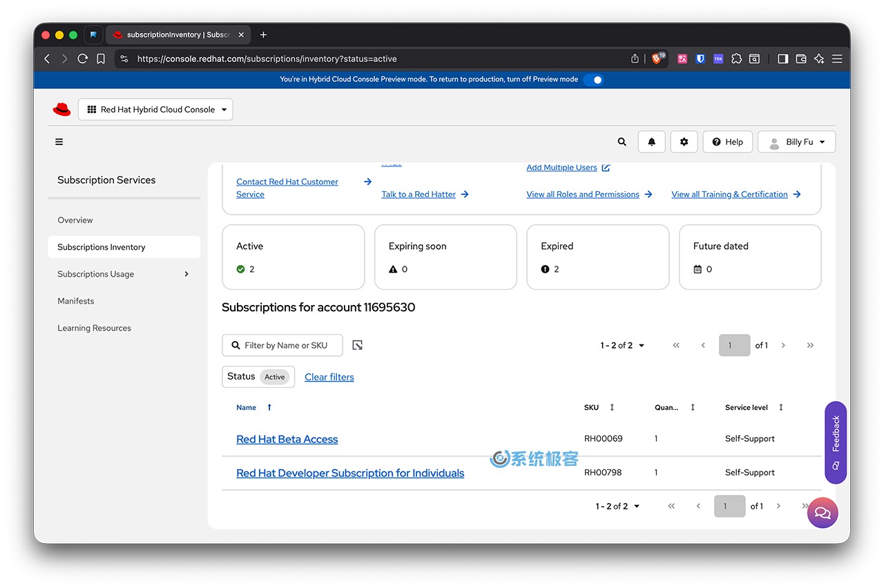查看 Red Hat 订阅库存