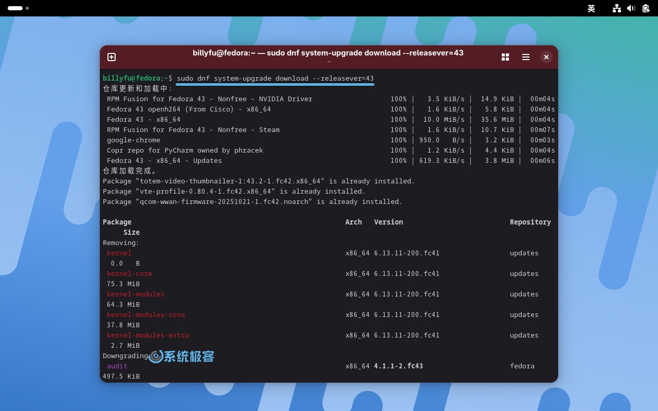 下载 Fedora 43 更新包