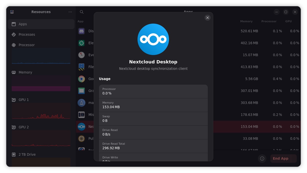 在 Resources 中查看 Nextcloud 应用详细信息