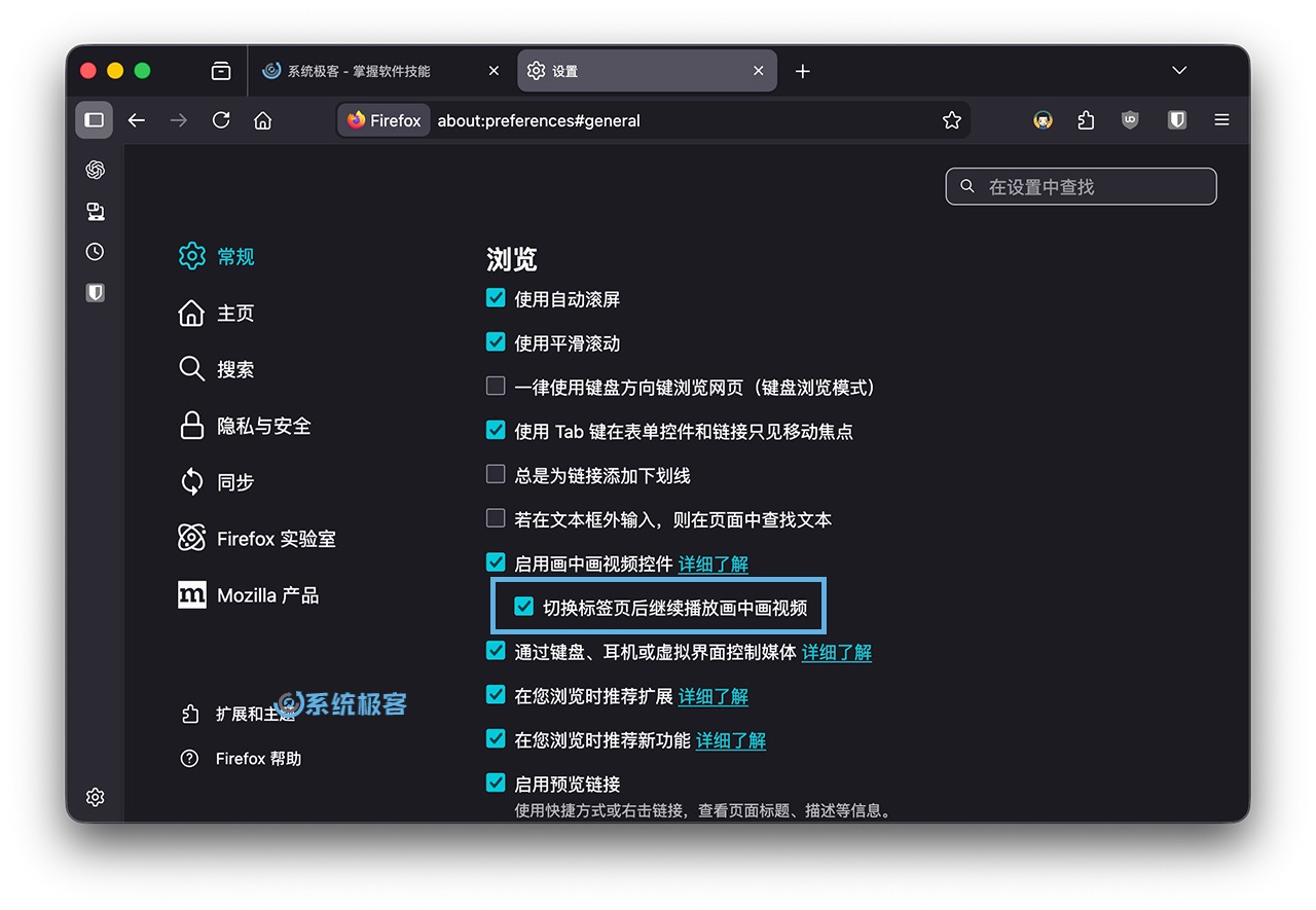 Firefox 147 切换标签页后继续播放画中画视频