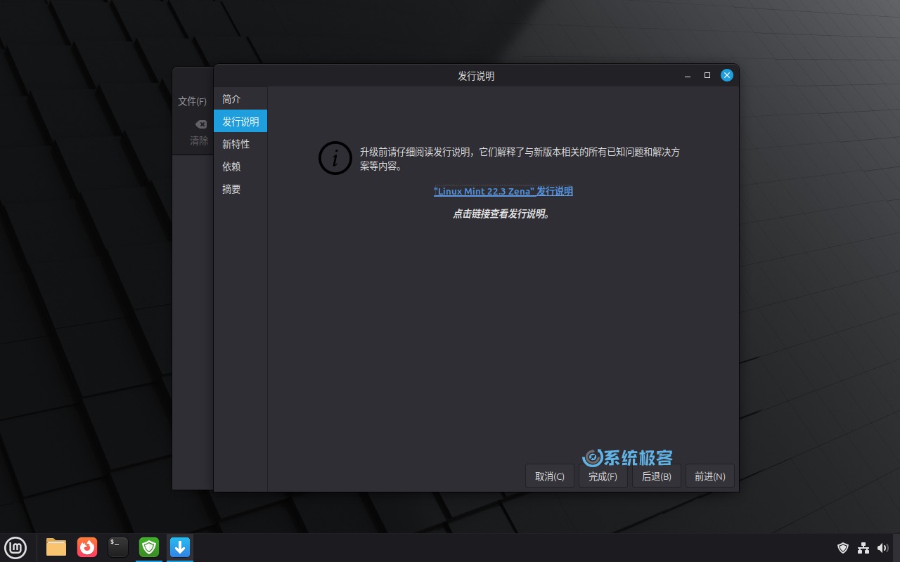 查看发行说明并点击「前进」