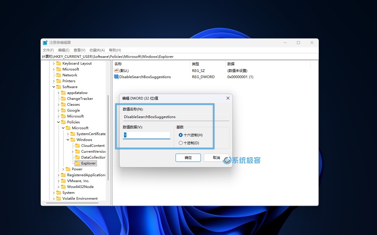 设置 DisableSearchBoxSuggestions 注册表值