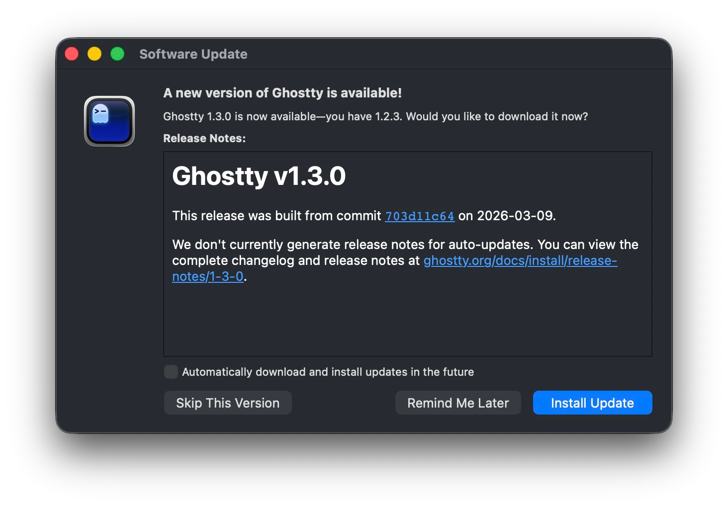 Ghostty 自动更新提示